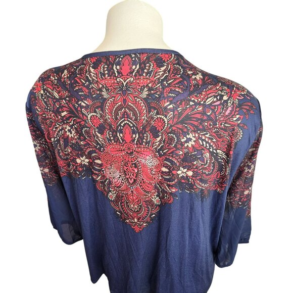 Catherines 3X 26/28W Womens Top Boho Style Keyhole Neckline Navy Red JJ4044 - Picture 12 of 12